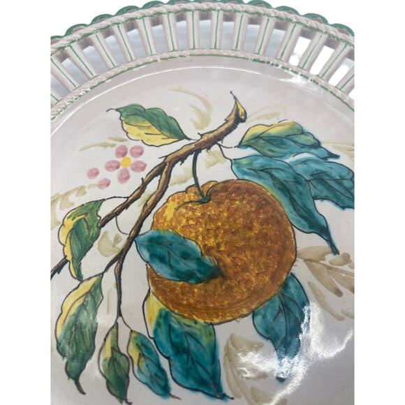 VTG Ugo Zaccagnini Italy Fruit Reticulated Plate MAJOLICA ORANGE Green Edge - Picture 2 of 4
